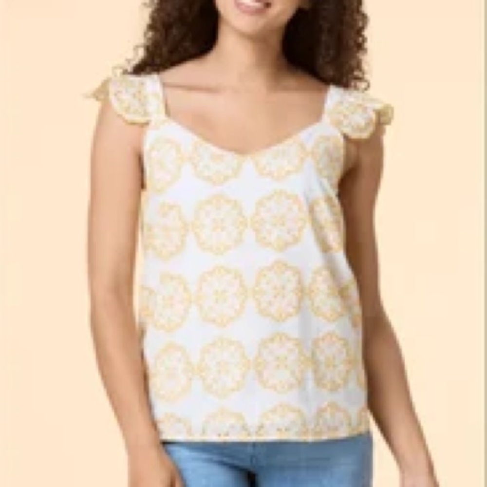 Versona Floral Eyelet Ruffle Flutter Tank Top